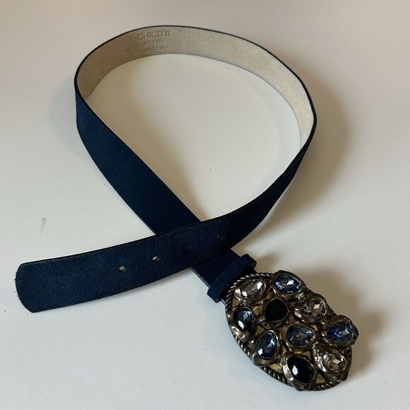 Chicos Blue Suede Leather Belt Womens Sz L (37-41) Gemstone Buckle Boho Festival - Picture 2 of 15